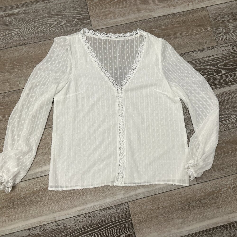 Shein Sz L Beautiful White Swiss Dot Long Sleeve Blouse Top w Lace Trim